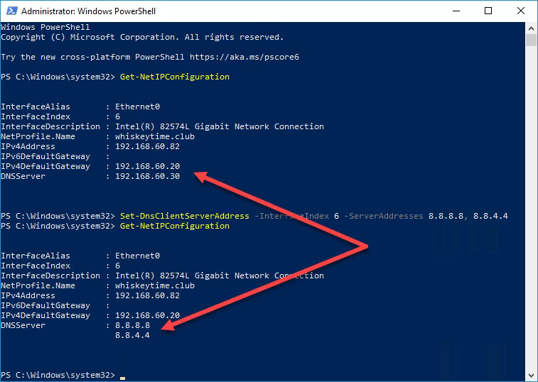 Sử dụng Set-DnsClientServerAddress trong PowerShell để thay đổi DNS server thành 8.8.8.8 và 8.8.4.4