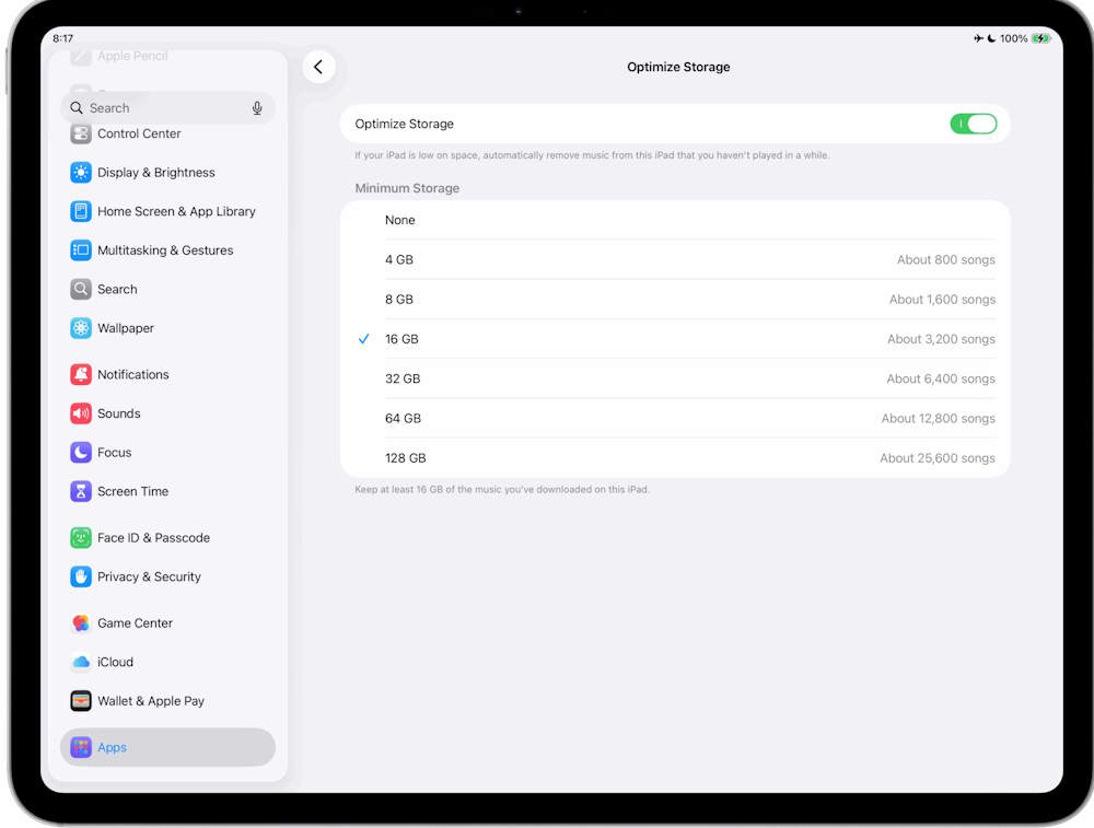 Đặt giới hạn dung lượng lưu trữ cho nhạc tải xuống