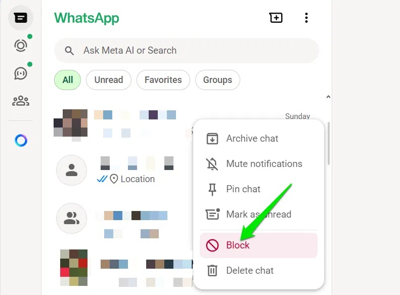 Tùy chọn Block trên WhatsApp Desktop