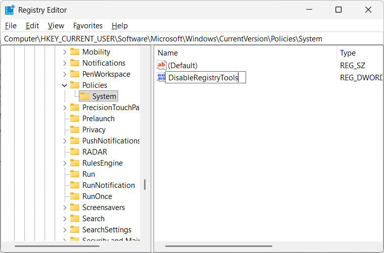 Tạo giá trị DisableRegistryTools