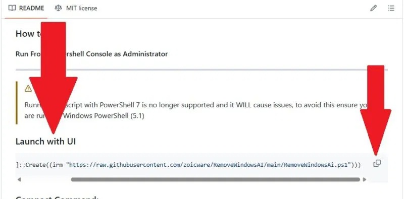Khởi chạy lệnh bằng giao diện người dùng trên GitHub của RemoveWindowsAI.