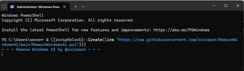 PowerShell với script RemoveWindowsAI.