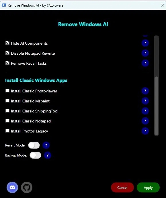 Cài đặt ứng dụng Windows cổ điển để thay thế AI trong Windows.