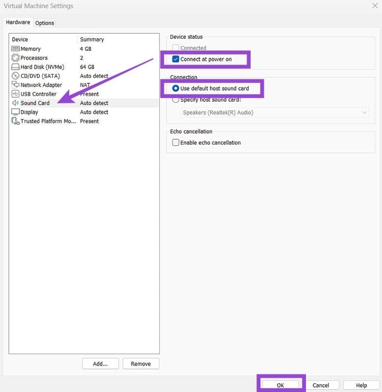 Use default host sound card