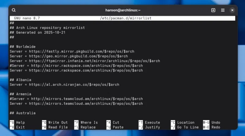 Xem kho lưu trữ Arch Linux mirrorlist trên Terminal