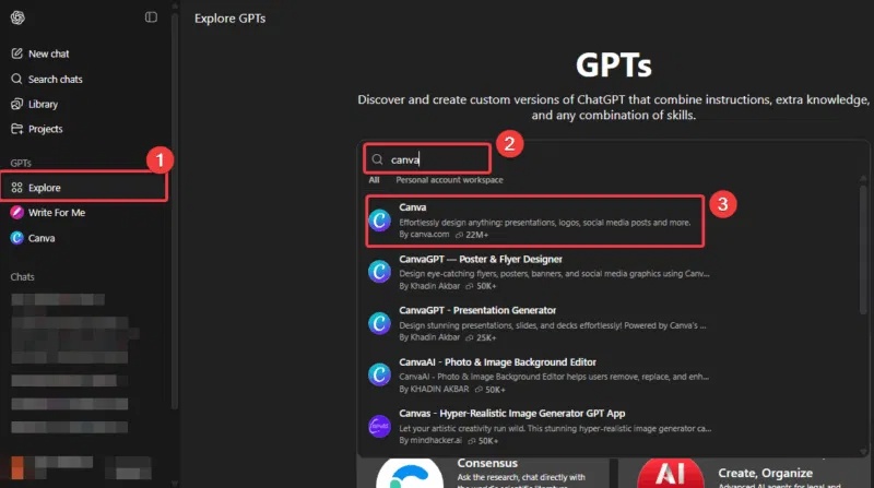 Tìm kiếm ứng dụng trong Explore GPTs