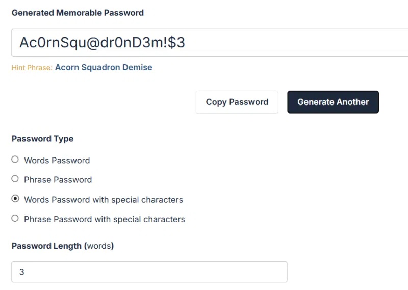 Giao diện Memorable Password Generator