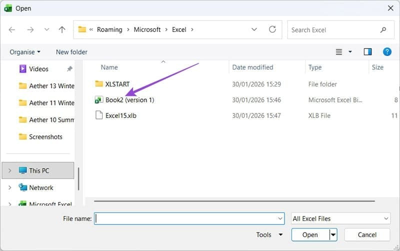 Tập tin Excel chưa lưu