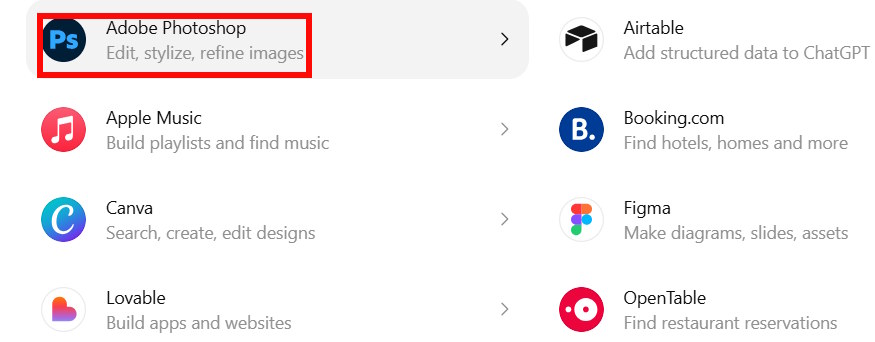 Chọn Photoshop trong ChatGPT