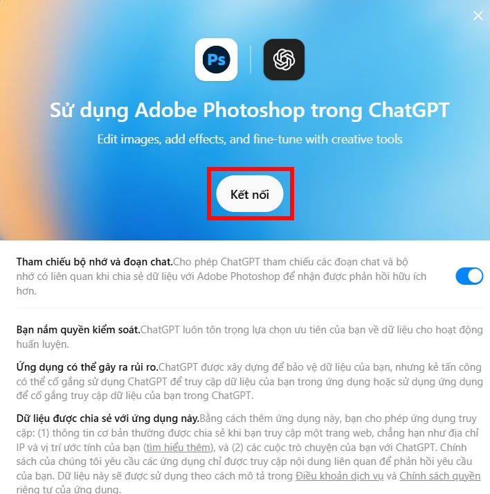 Xác nhận kết nối Photoshop trong ChatGPT