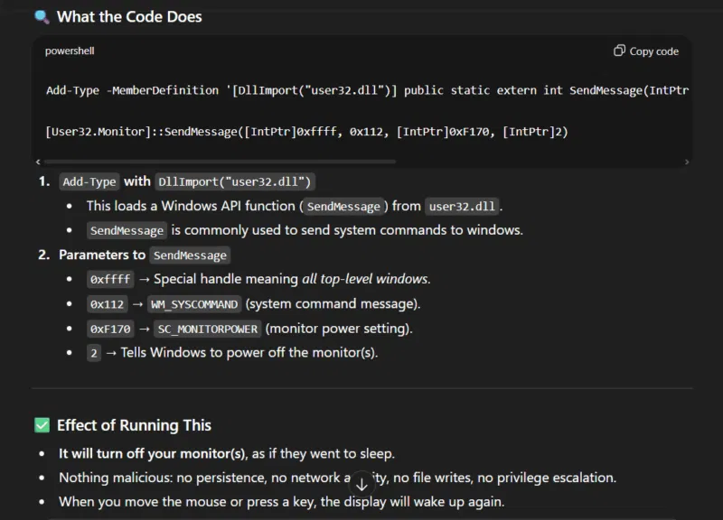 ChatGPT phân tích độ an toàn của lệnh PowerShell