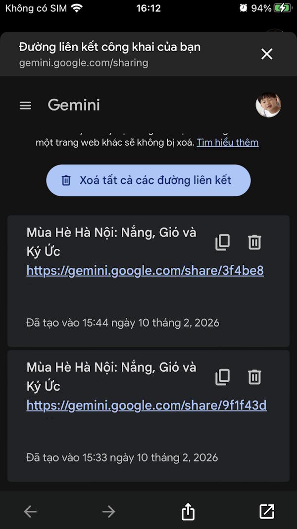 Xóa đường liên kết đoạn chat Gemini