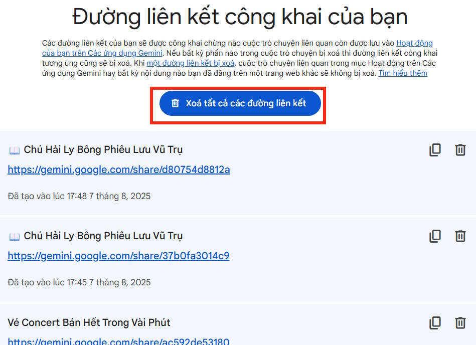 Xóa liên kết Gemini web