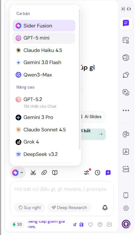 Đăng ký tiện ích Sider