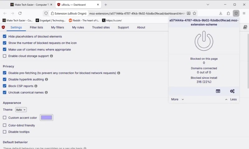 Bảng điều khiển tích hợp sẵn của Ublock Origin
