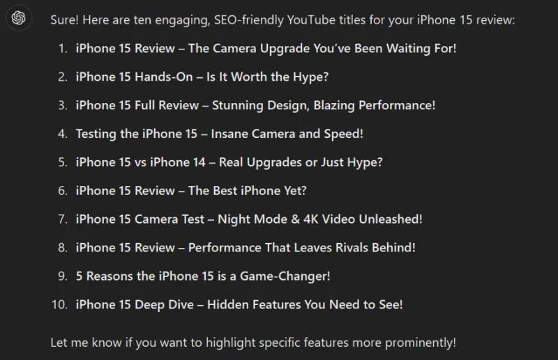 ChatGPT liệt kê các ý tưởng tiêu đề video cho YouTube