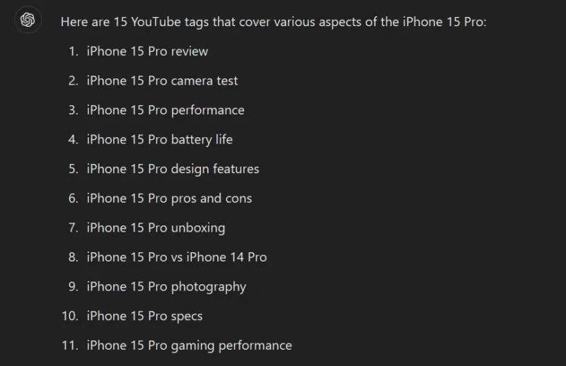 ChatGPT liệt kê các tag video cho YouTube