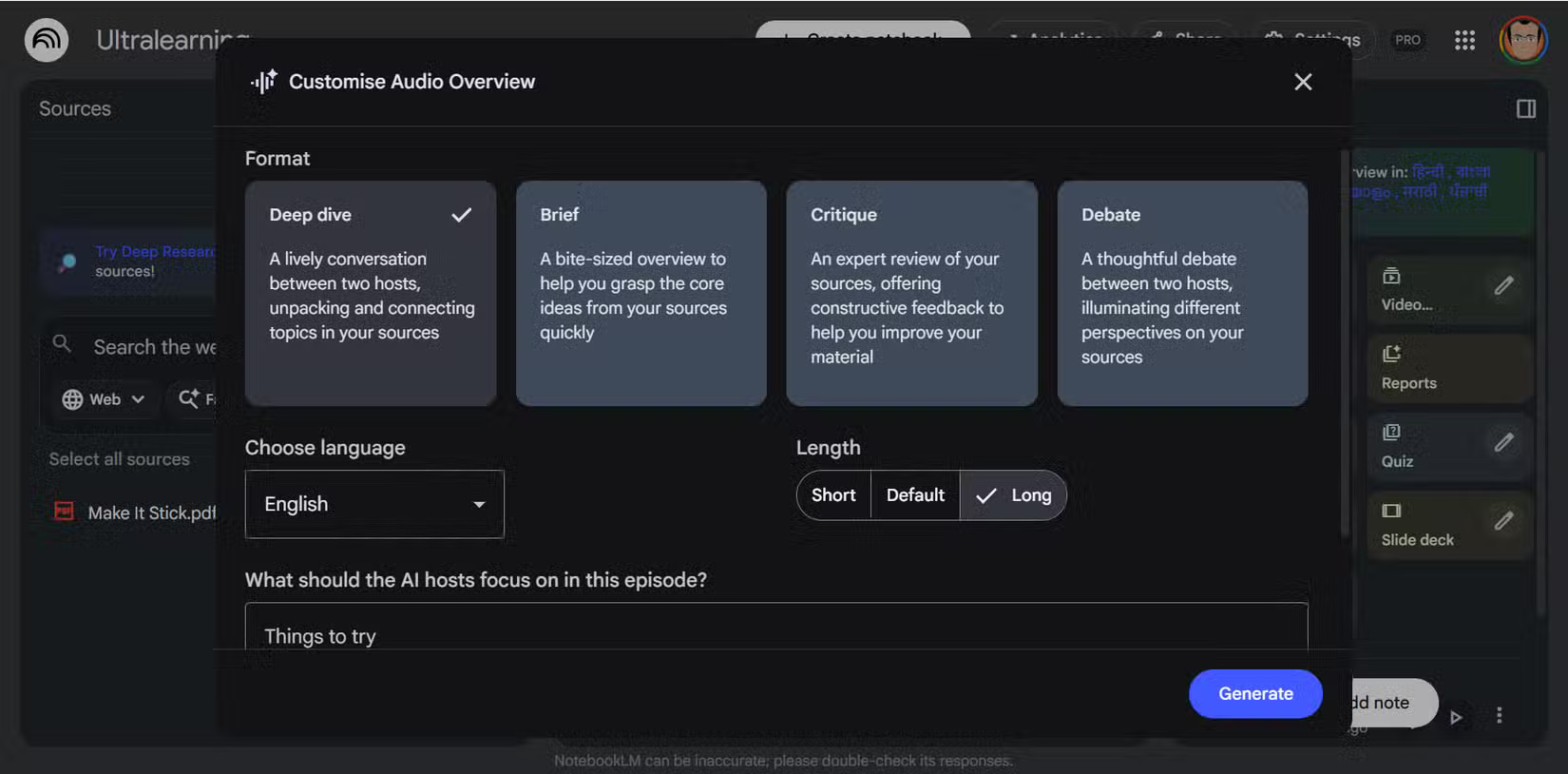 Cài đặt Audio Overview trong NotebookLM