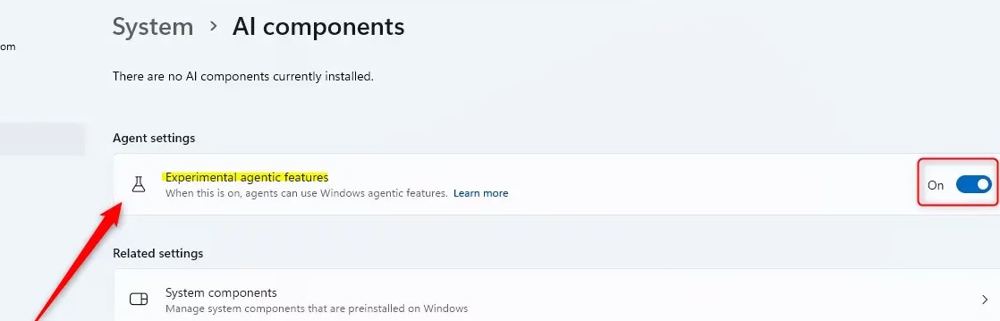 Bật Experimental agentic features Windows 11