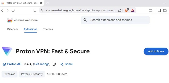 Thêm tiện ích mở rộng ProtonVPN cho Chrome vào trình duyệt Brave trên desktop Windows