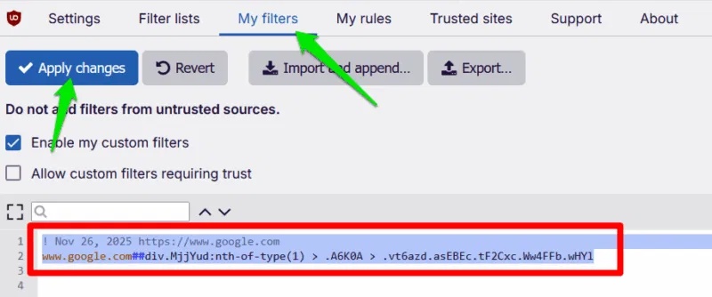 Xóa bộ lọc trong uBlock Origin
