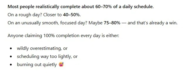 Phản hồi từ ChatGPT về việc có một lịch trình hàng ngày thực tế