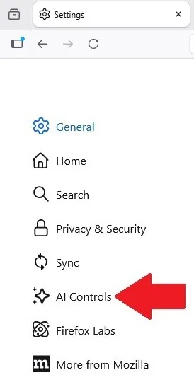 Truy cập cài đặt Firefox AI Controls