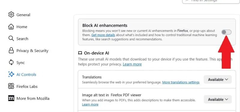 Chặn các cải tiến AI trong Firefox