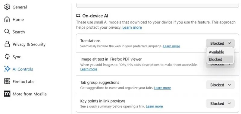 Chặn On-device AI trong Firefox
