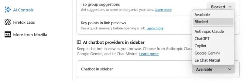 Chặn chatbot AI trong Firefox