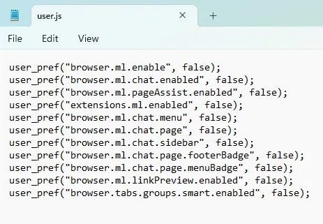 Ví dụ về file user.js để tắt AI của Firefox