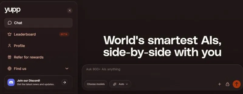 Trang chủ của Yupp để thử nghiệm các mô hình AI khác nhau