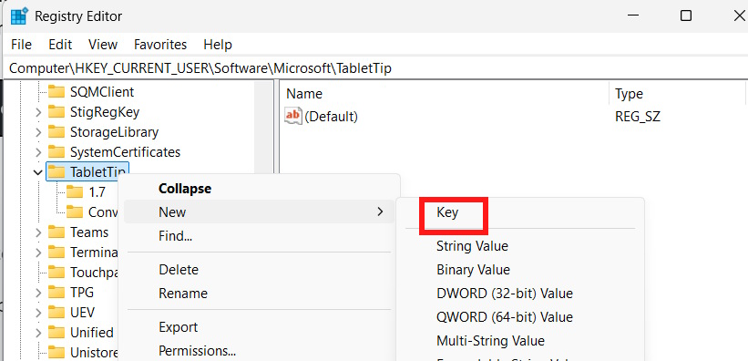 Tạo khóa mới trong TabletTip