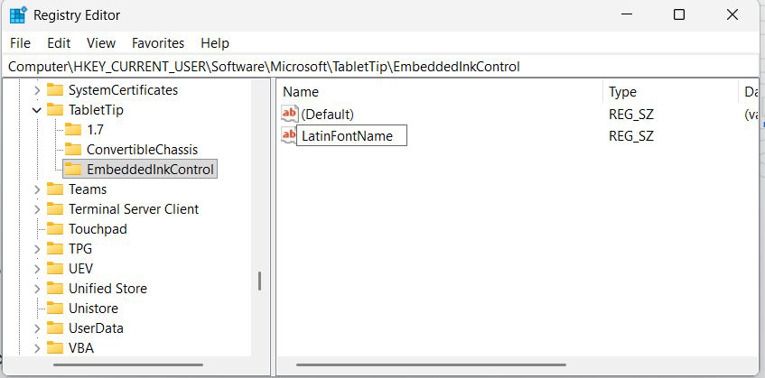 Tên giá trị LatinFontName cho khóa EmbeddedInkControl