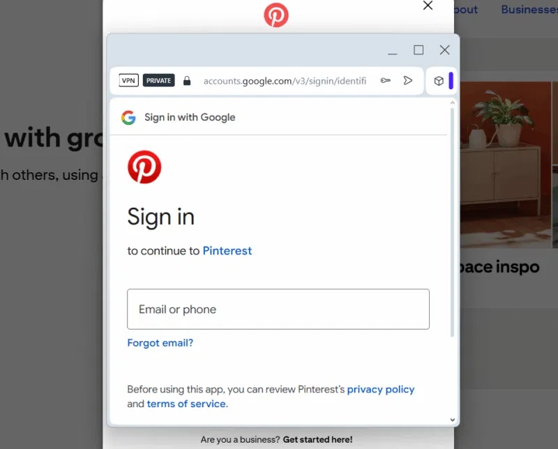 Đăng nhập vào Pinterest bằng tài khoản Google