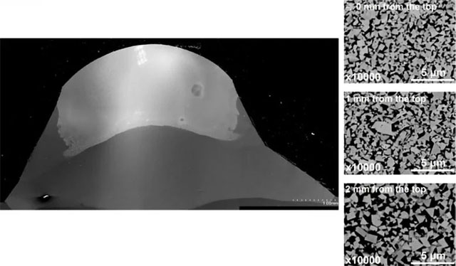 Ảnh chụp bằng kính hiển vi điện tử quét (SEM) của một khuôn cacbua xi măng ở giai đoạn tạo hình cuối cùng, được sản xuất bằng phương pháp dẫn hướng bằng laser với hợp kim gốc Niken được chèn vào lớp giữa.