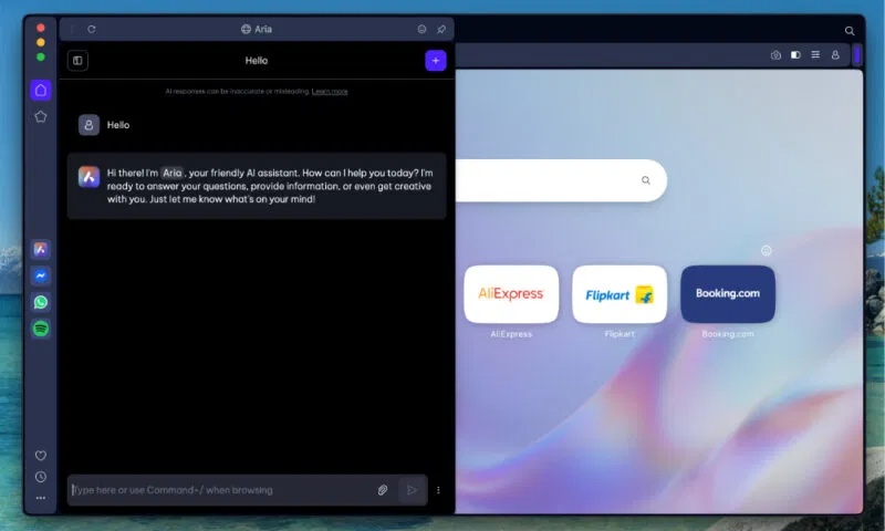 Thanh bên AI Aria của Opera
