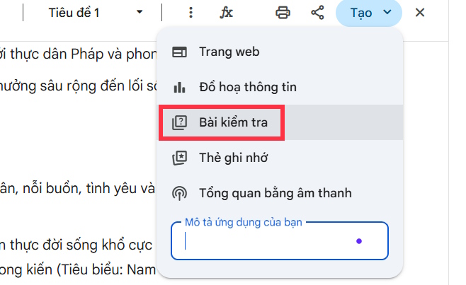 Tạo bài kiểm tra trên Gemini