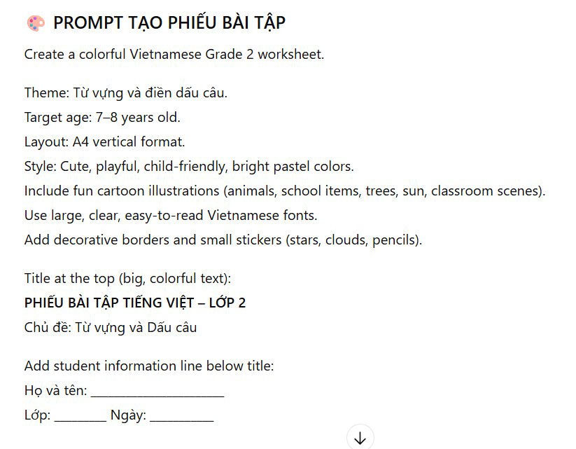 Đoạn prompt tạo phiếu bài tập