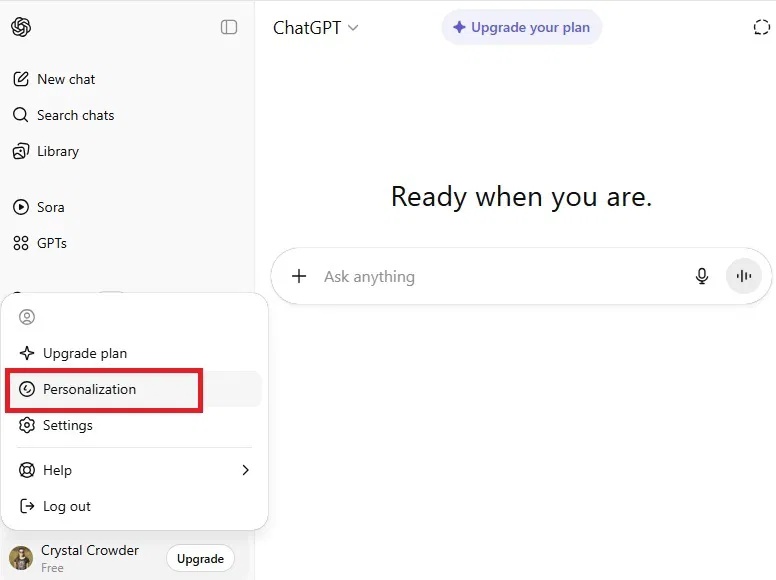 Menu Personalization trong ChatGPT