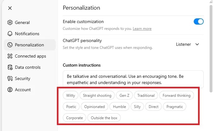 Sử dụng các hướng dẫn tùy chỉnh được đề xuất của ChatGPT 5