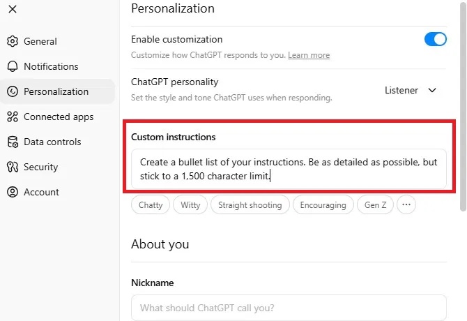 Thêm hướng dẫn tùy chỉnh vào ChatGPT 5 đã được cá nhân hóa