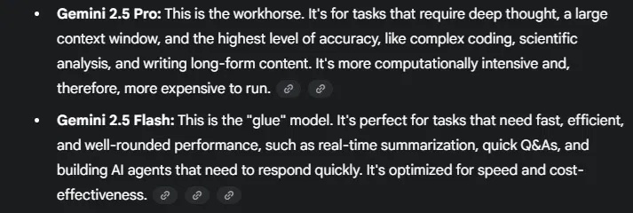 Mô tả của Gemini về sự khác biệt giữa phiên bản Pro và Flash