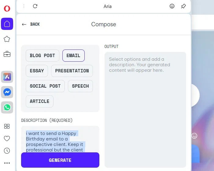 Opera Aria trong chế độ Compose