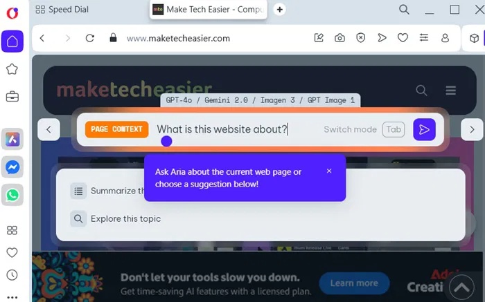 Sử dụng Ctrl + Phím mũi tên xuống để mở cửa sổ trò chuyện trong Aria trên trang web Opera