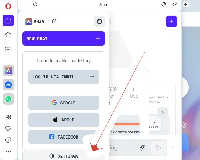Menu Settings cho trợ lý AI Opera Aria