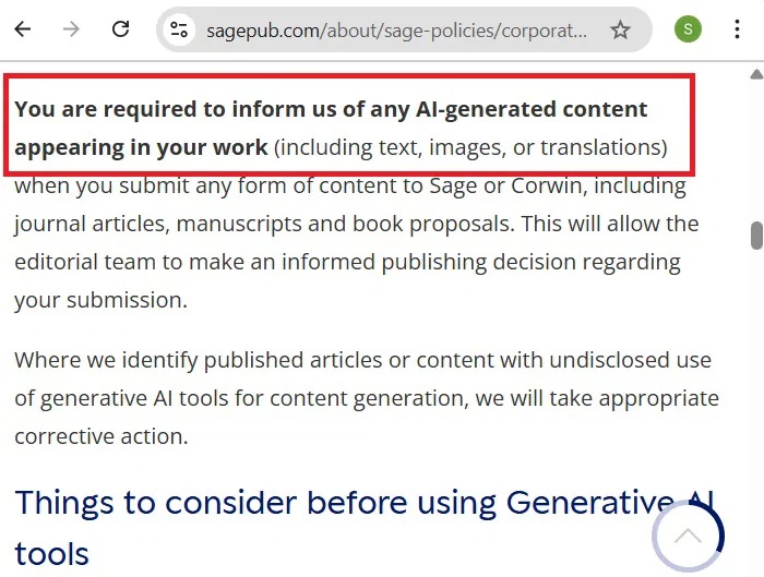 Việc công khai bắt buộc nội dung được tạo ra bởi AI được đề cập trong hướng dẫn xuất bản của SAGE