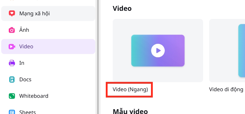 Chọn làm video ngang trên Canva