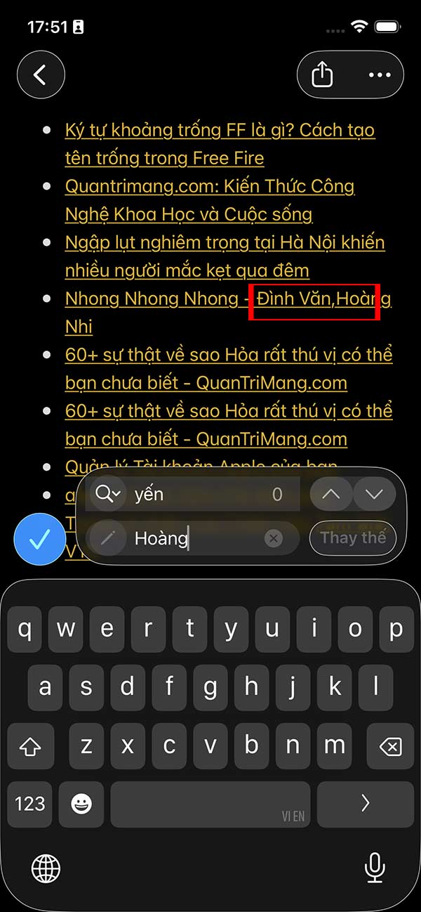 Thay thế từ ngữ trong Ghi chú iPhone