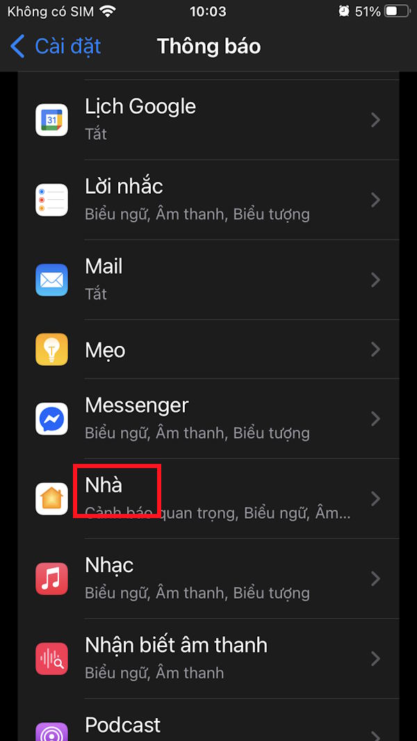 Chỉnh thông báo ứng dụng Nhà
